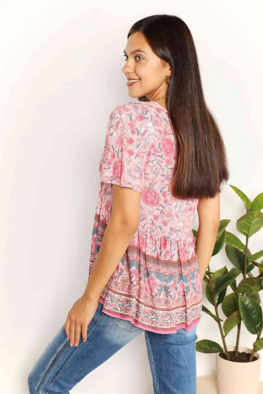Double Take Bohemian Decorative Button Tie-Neck Peplum Blouse, Also in Plus sizes