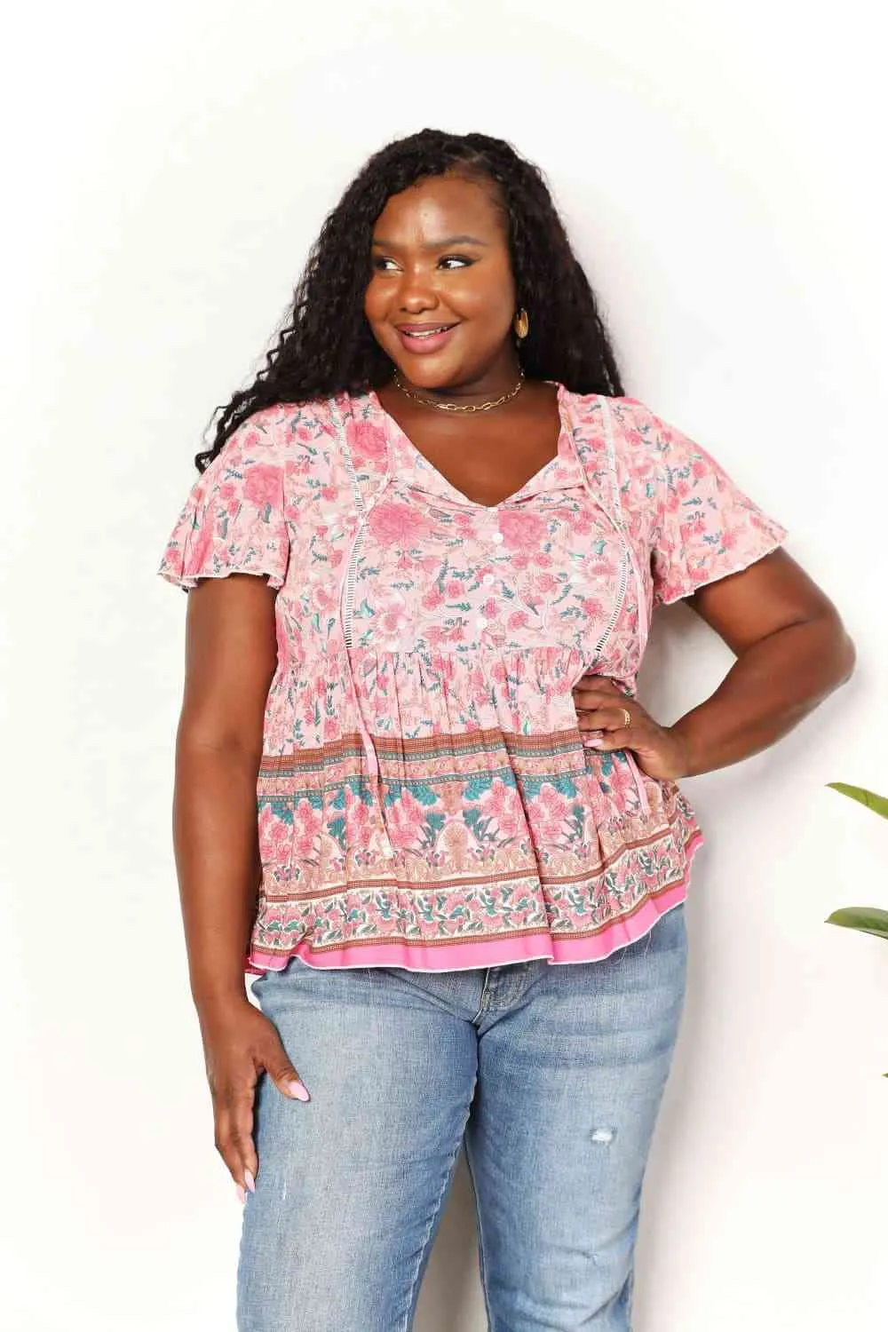 Double Take Bohemian Decorative Button Tie-Neck Peplum Blouse, Also in Plus sizes