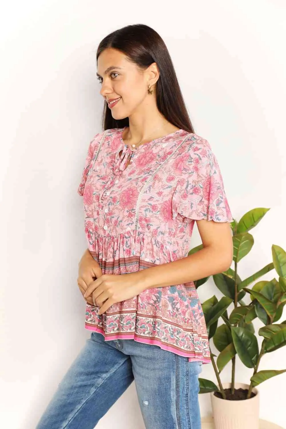 Double Take Bohemian Decorative Button Tie-Neck Peplum Blouse, Also in Plus sizes
