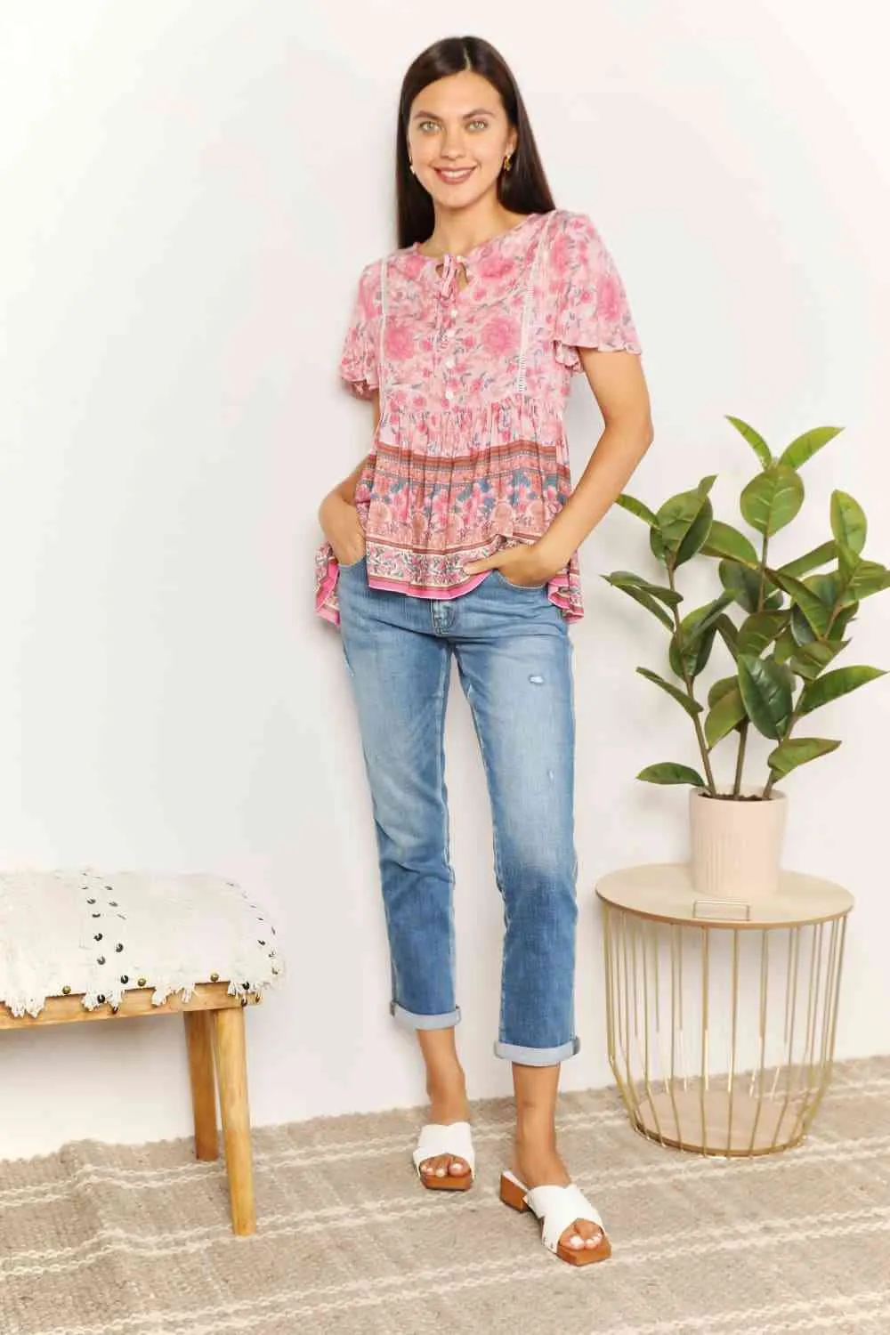 Double Take Bohemian Decorative Button Tie-Neck Peplum Blouse, Also in Plus sizes
