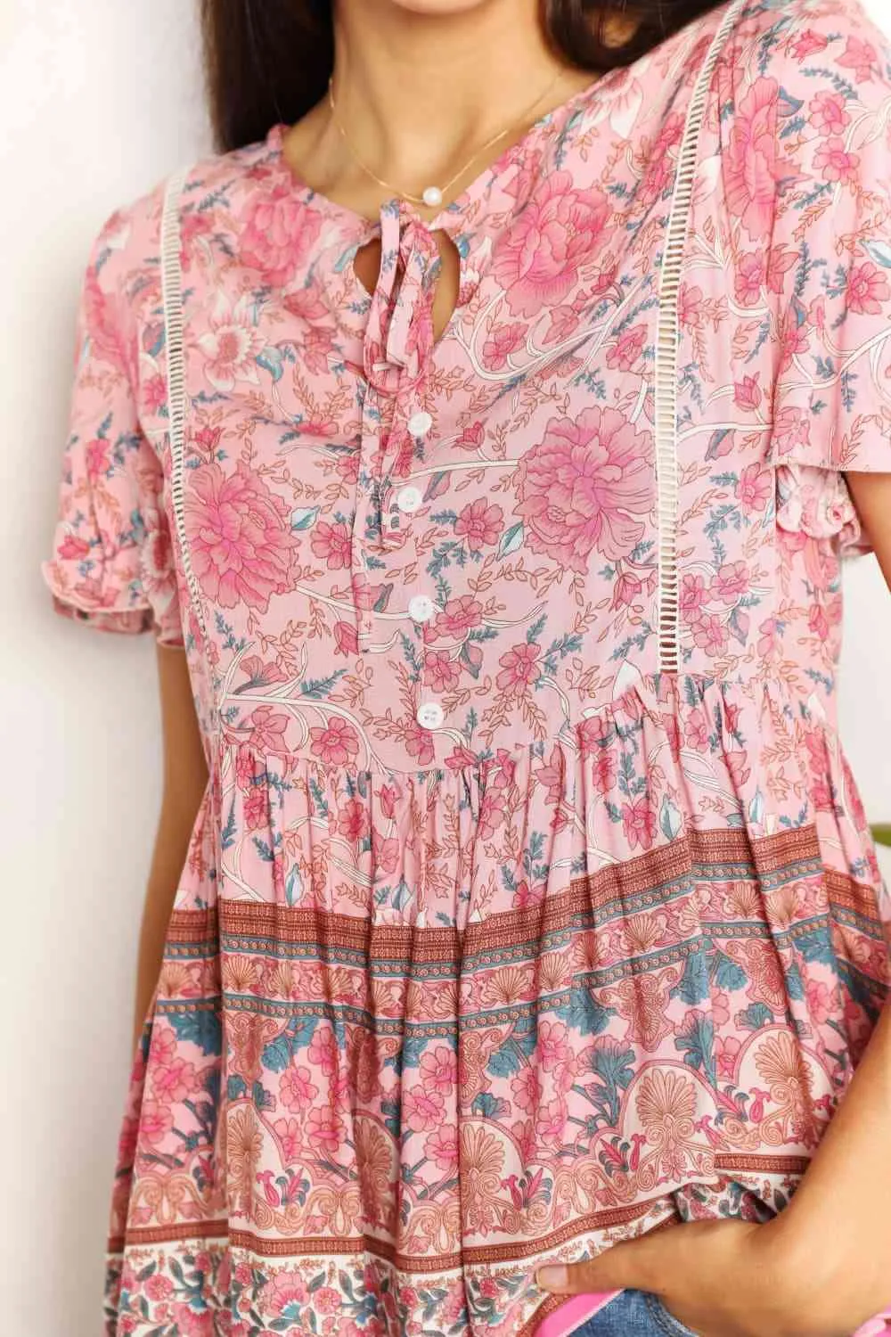 Double Take Bohemian Decorative Button Tie-Neck Peplum Blouse, Also in Plus sizes