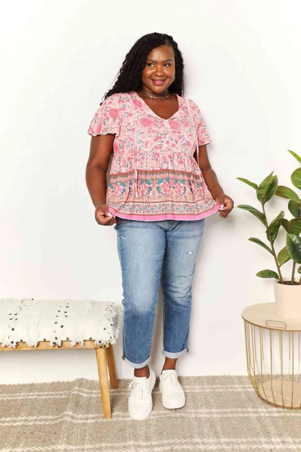 Double Take Bohemian Decorative Button Tie-Neck Peplum Blouse, Also in Plus sizes