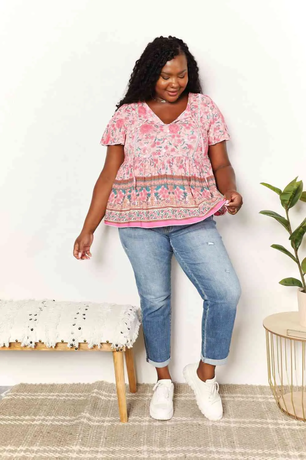 Double Take Bohemian Decorative Button Tie-Neck Peplum Blouse, Also in Plus sizes