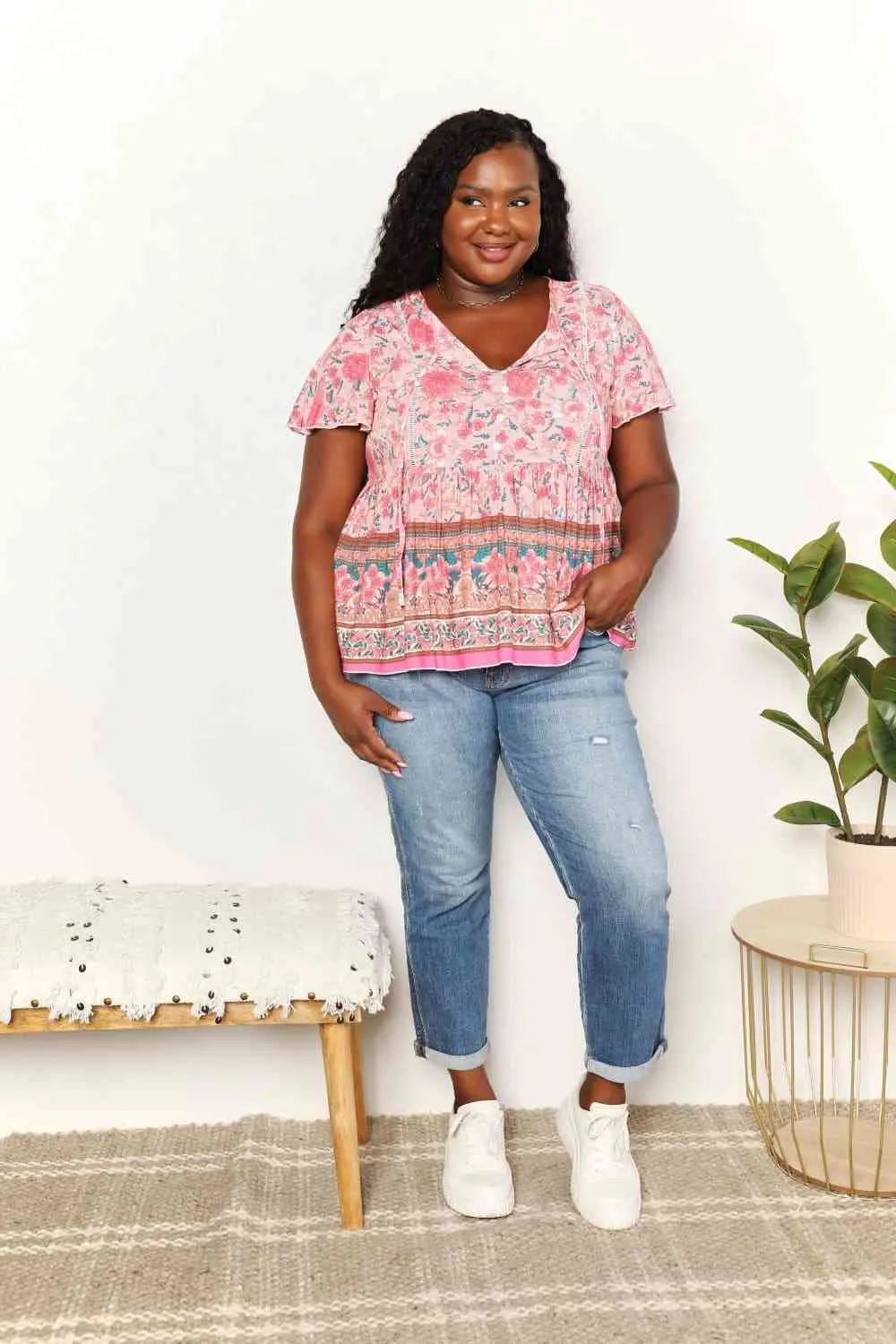 Double Take Bohemian Decorative Button Tie-Neck Peplum Blouse, Also in Plus sizes