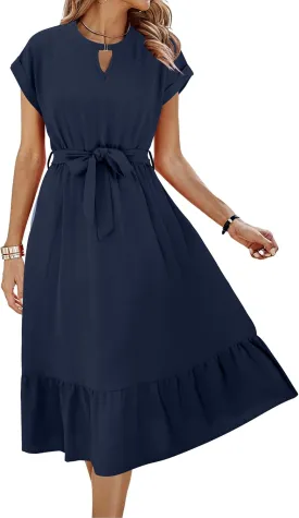 ECOWISH Womens Casual Midi Dresses Solid V Neck Short Sleeve Button Shirt Belted Dress with Pockets for Spring Summer 2025