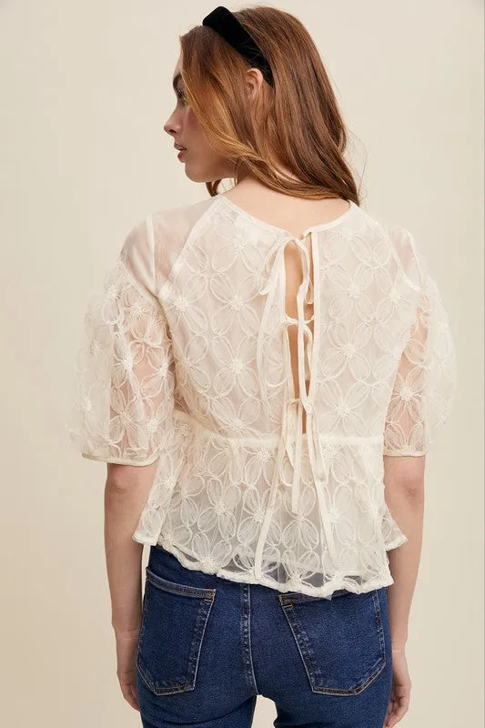 Ecru Floral Embroidered Sheer Peplum Blouse