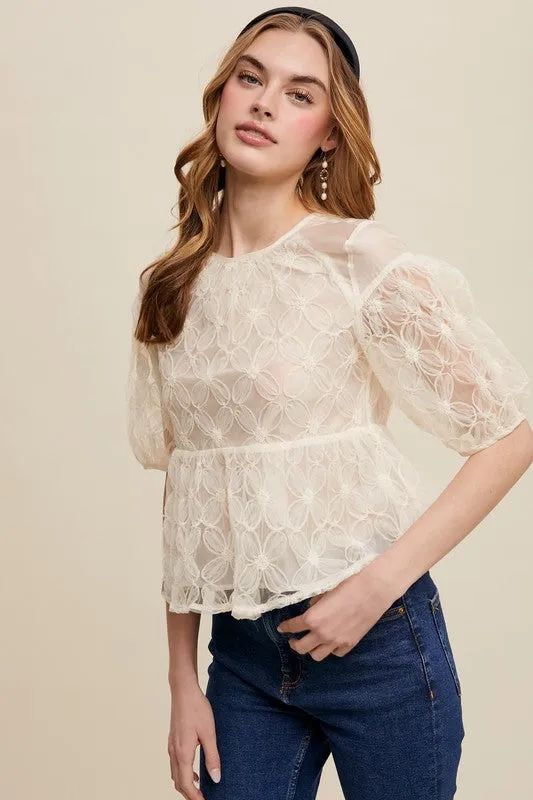 Ecru Floral Embroidered Sheer Peplum Blouse