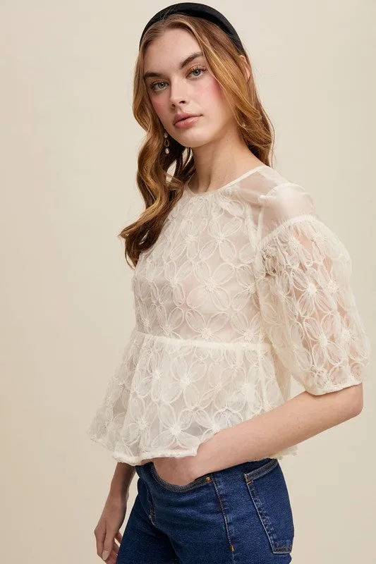 Ecru Floral Embroidered Sheer Peplum Blouse