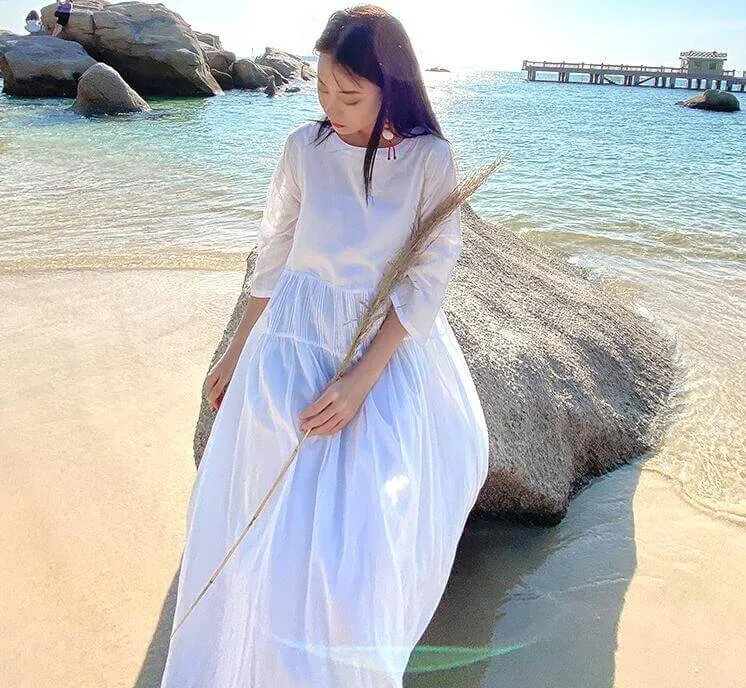 Elegant White Cotton Summer Midi Dress for Women