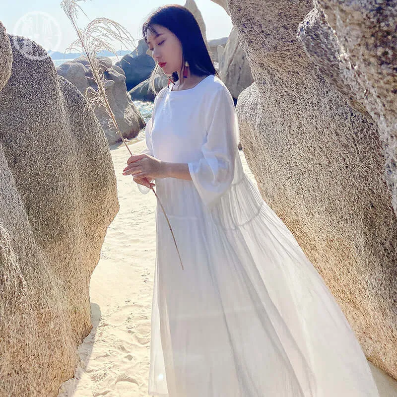 Elegant White Cotton Summer Midi Dress for Women