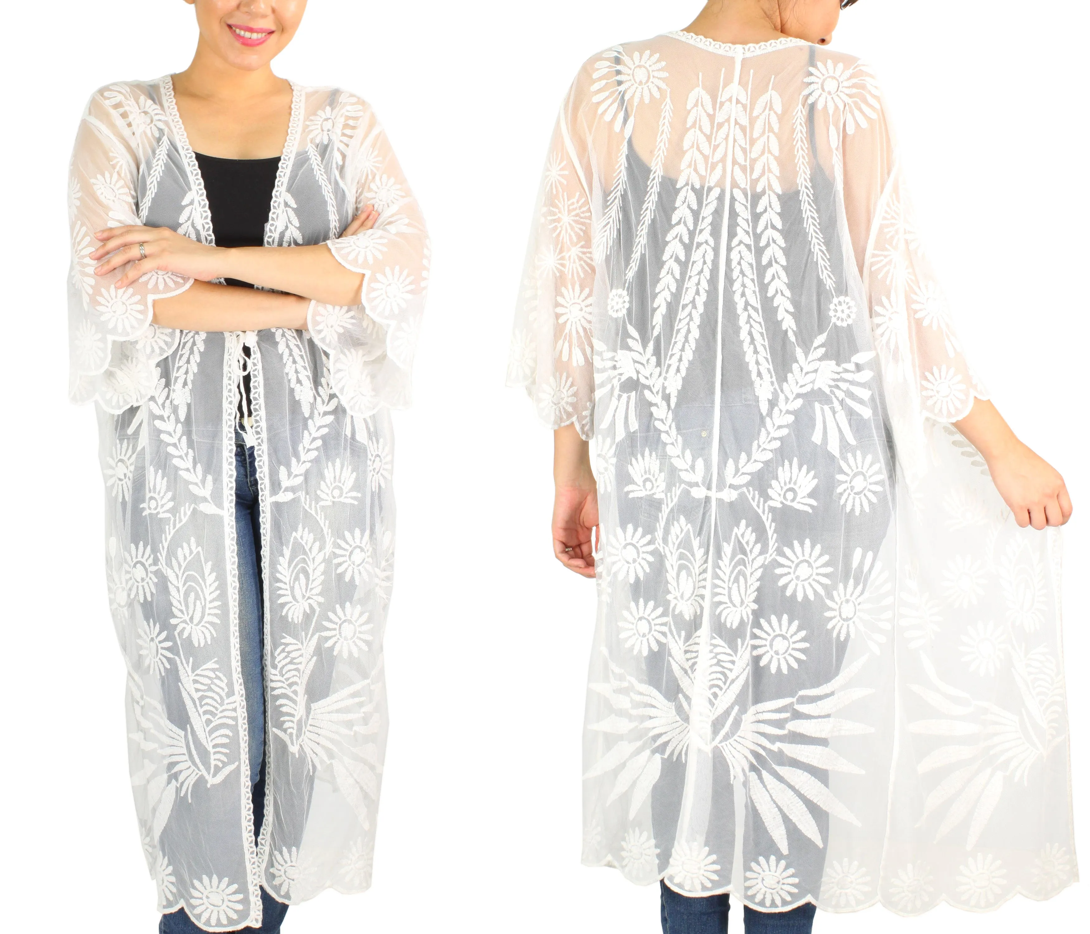 Embroidered Sheer Lace Kimono Cardigan 