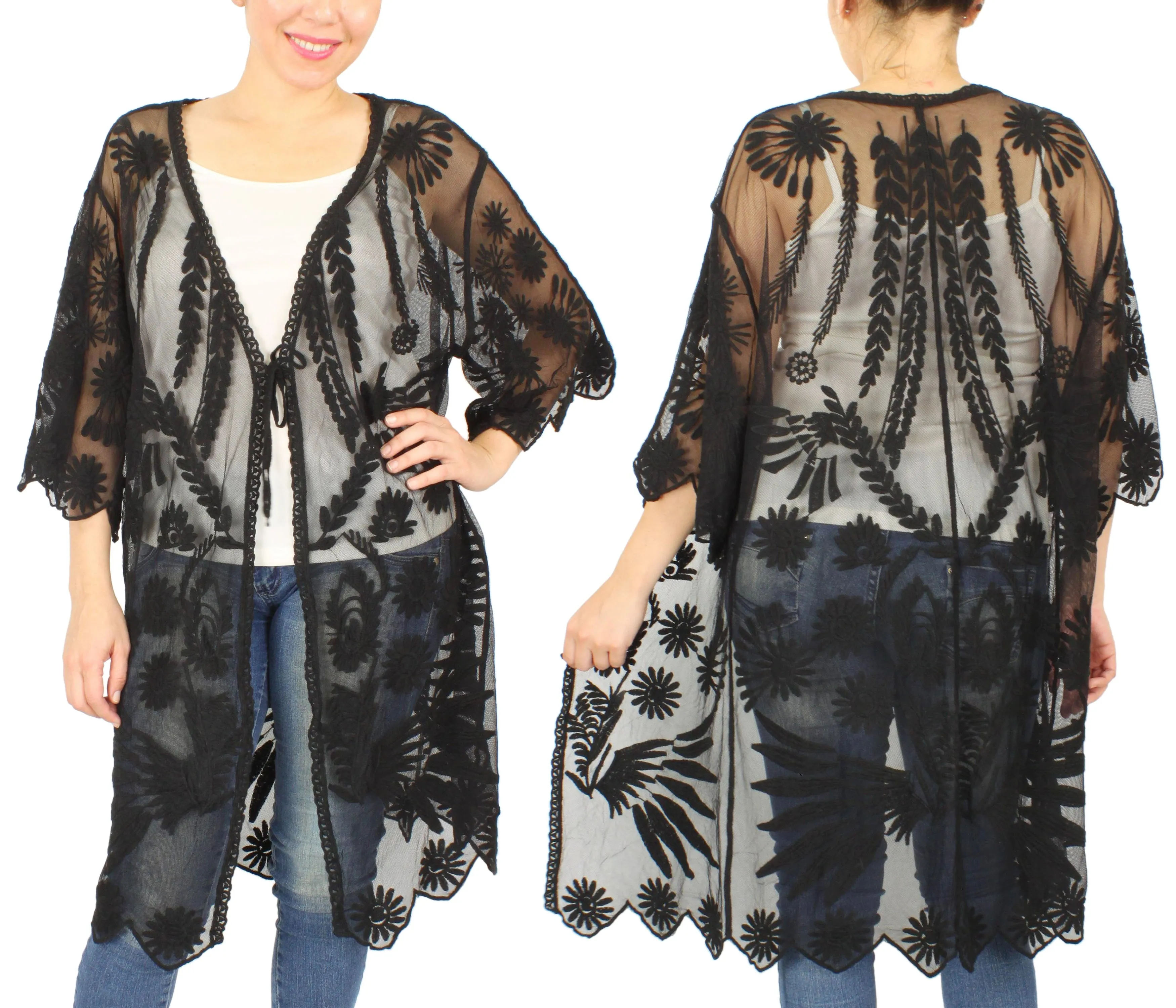 Embroidered Sheer Lace Kimono Cardigan 