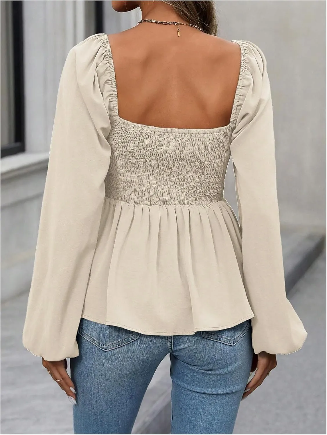 Floerns Women's Bishop Long Sleeve Ruched Square Neck Ruffle Hem Peplum Blouse Top