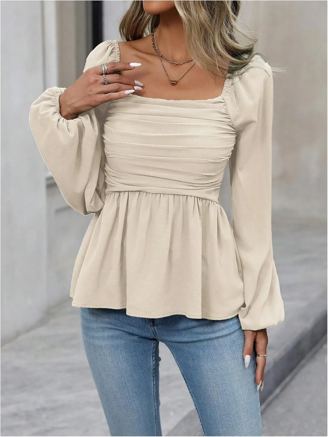Floerns Women's Bishop Long Sleeve Ruched Square Neck Ruffle Hem Peplum Blouse Top