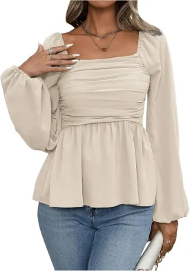 Floerns Women's Bishop Long Sleeve Ruched Square Neck Ruffle Hem Peplum Blouse Top