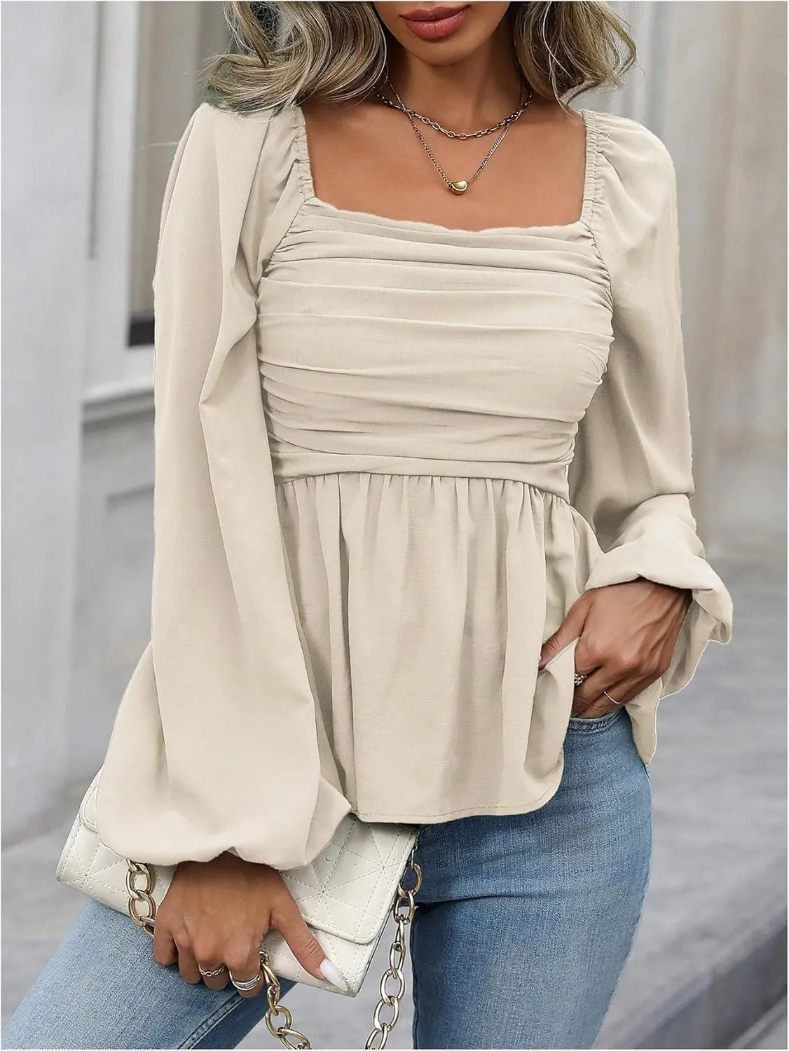 Floerns Women's Bishop Long Sleeve Ruched Square Neck Ruffle Hem Peplum Blouse Top