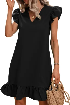 Floerns Women's Solid V Neck Ruffle Trim Cap Sleeve Summer Tunic Dress