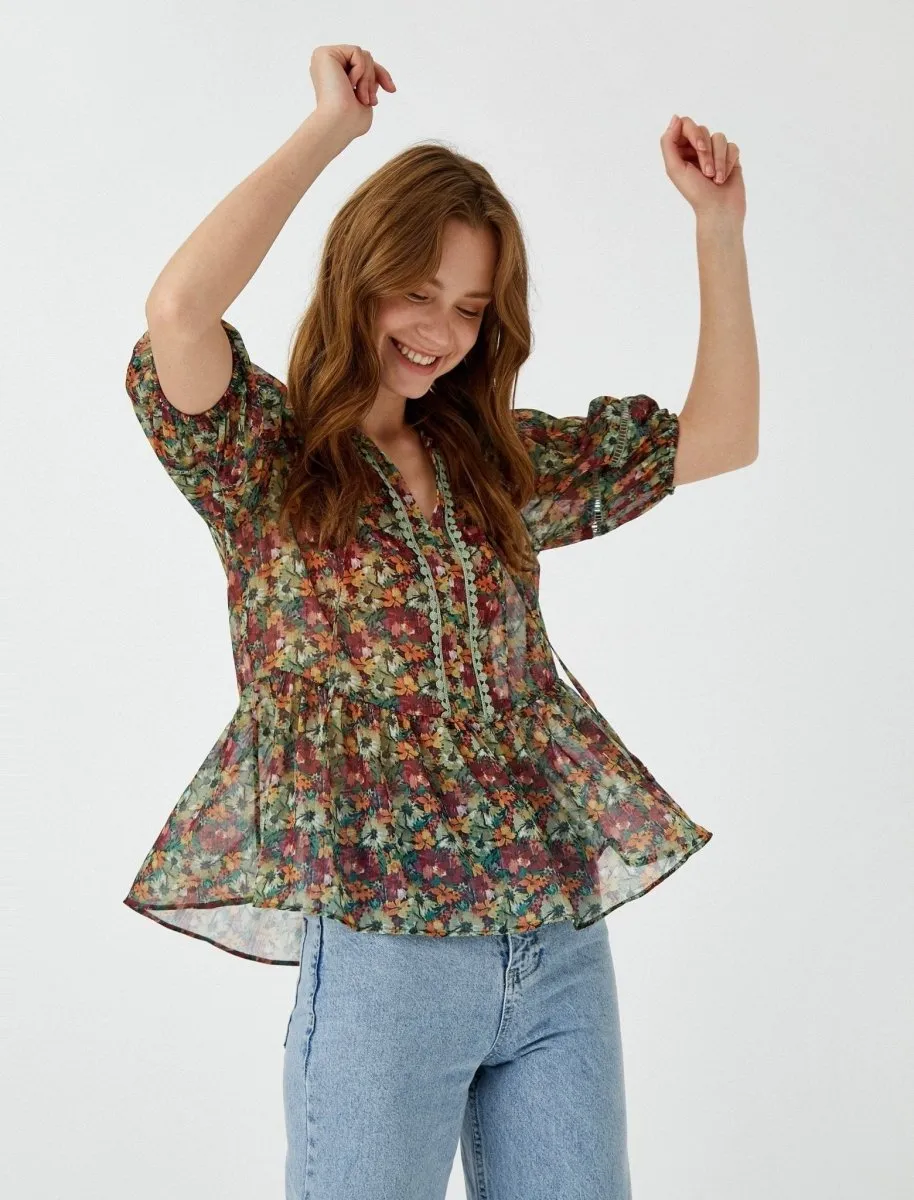 Floral Peplum Blouse in Green
