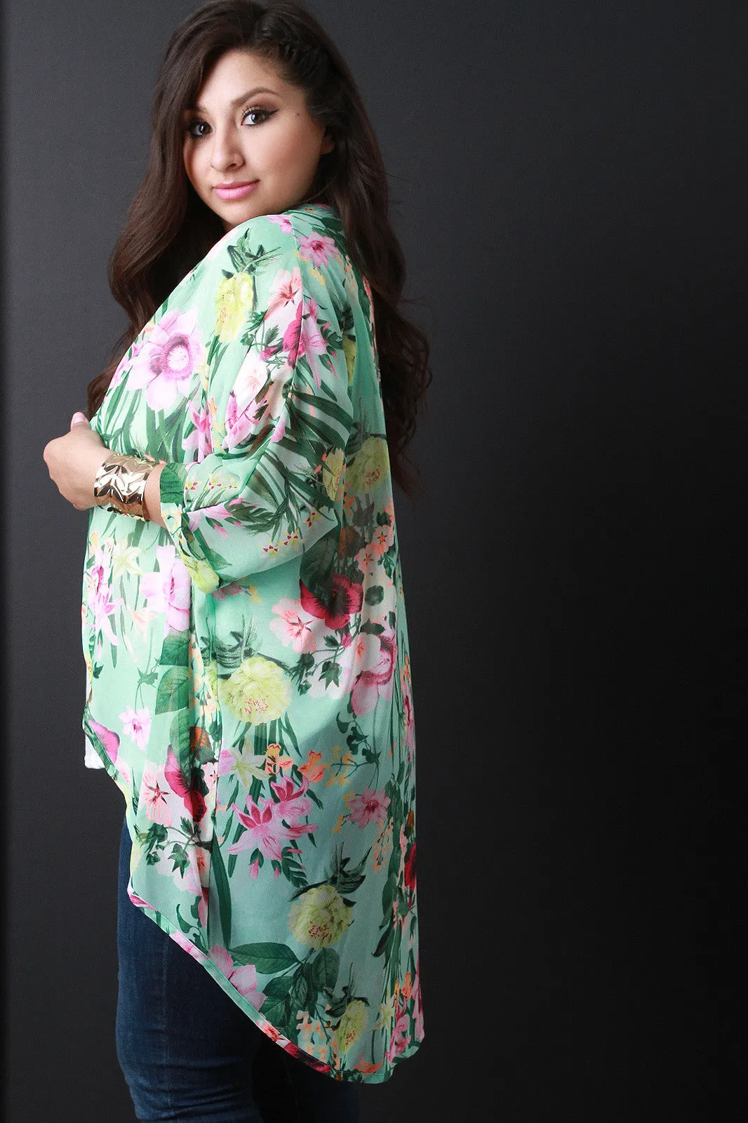Floral Print Chiffon Cocoon Cardigan