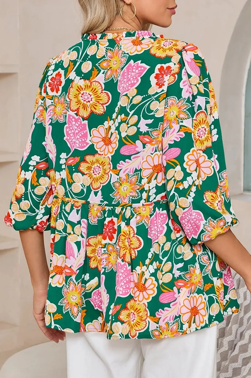 Floral Tied V-Neck 3/4 Sleeve Blouse