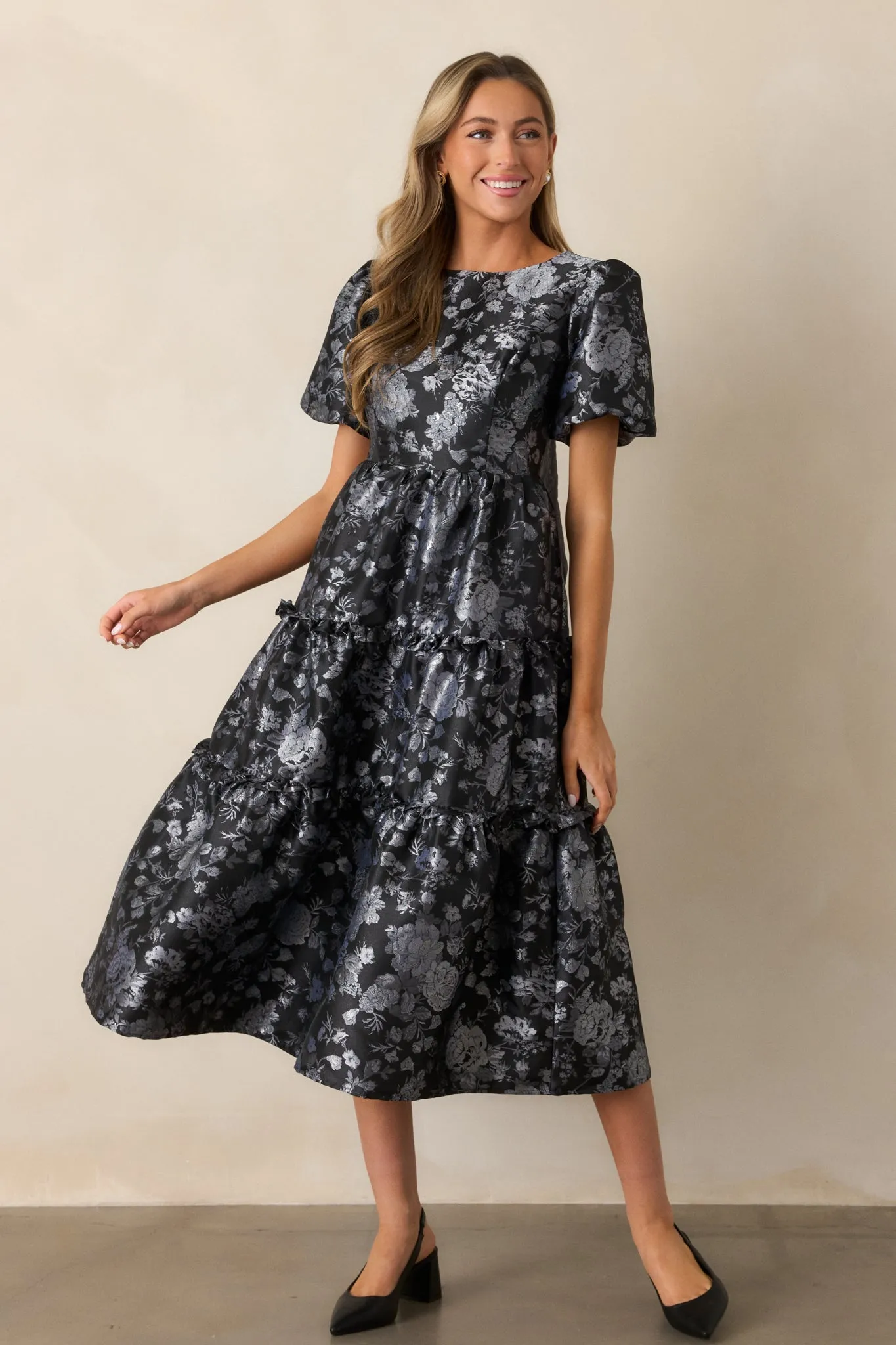 Follow My Lead Black Floral Jacquard Midi Dress