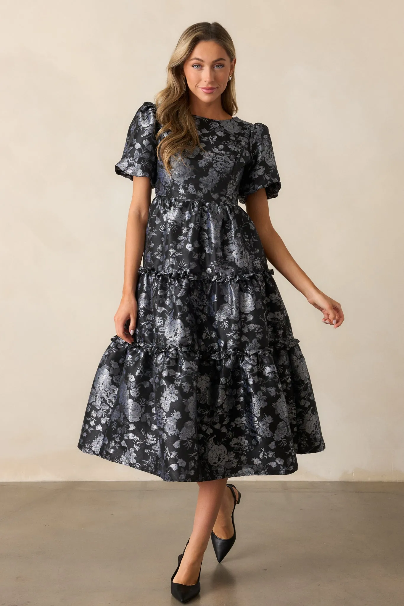 Follow My Lead Black Floral Jacquard Midi Dress