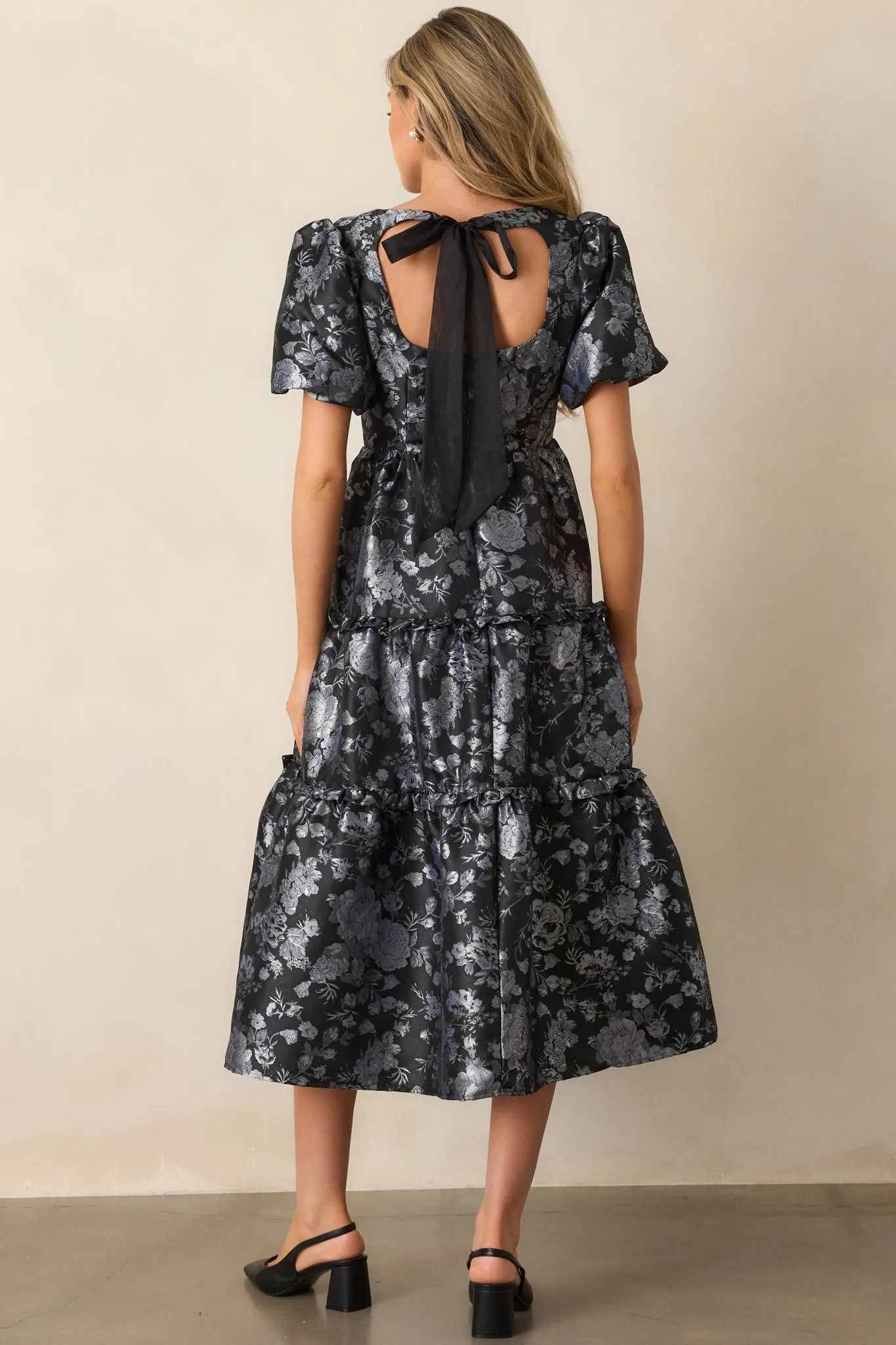 Follow My Lead Black Floral Jacquard Midi Dress