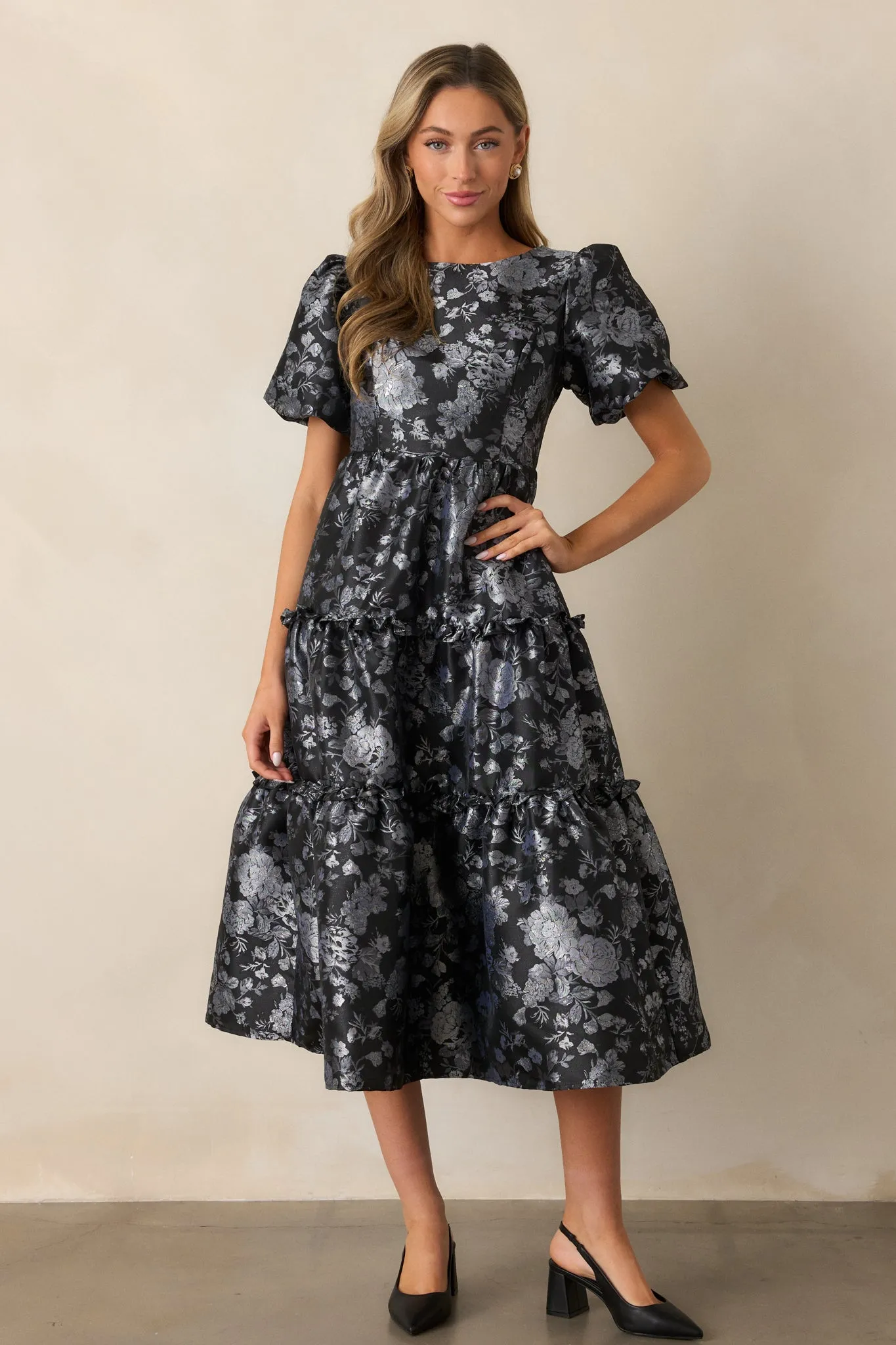 Follow My Lead Black Floral Jacquard Midi Dress