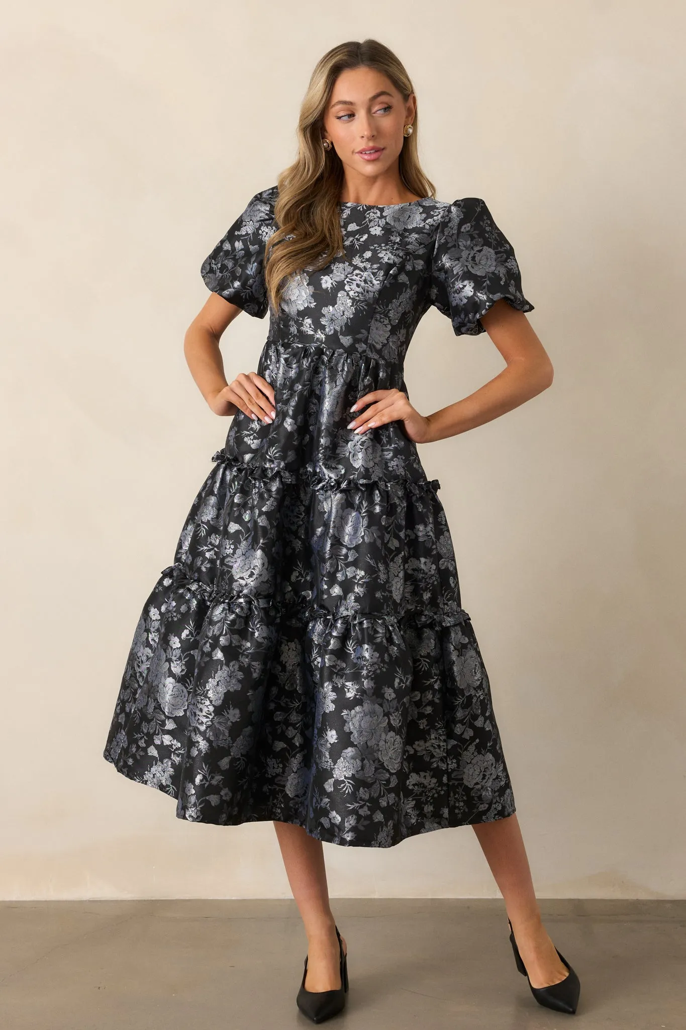 Follow My Lead Black Floral Jacquard Midi Dress