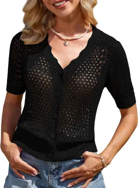GRACE KARIN Womens 2025 Cardigan Sweaters Summer Short Sleeve Crochet Sweater V Neck Hollow Out Button Down Knit Bolero Tops