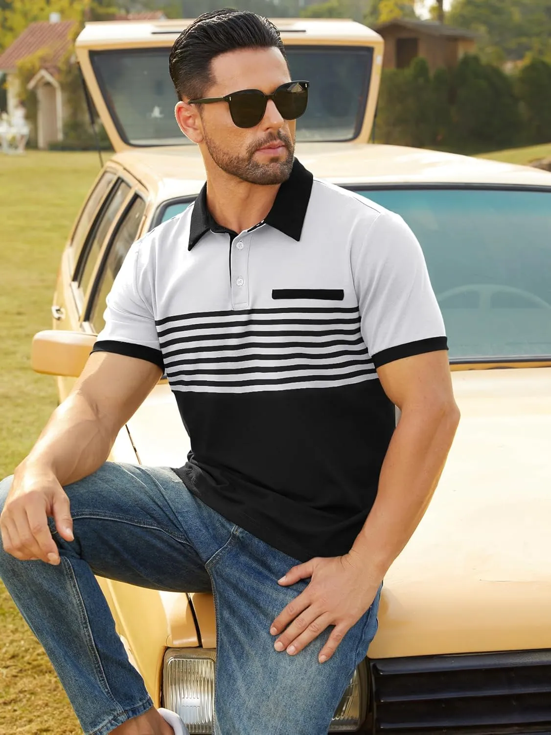Hardaddy Men's Striped Polo Shirt Short Sleeve Casual Color Block Graphic Tee Collared Golf Shirts for Men