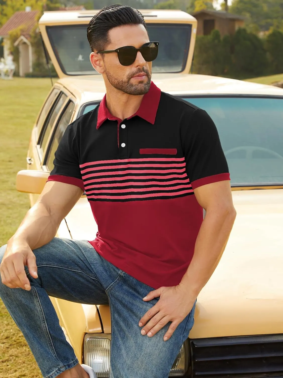 Hardaddy Men's Striped Polo Shirt Short Sleeve Casual Color Block Graphic Tee Collared Golf Shirts for Men