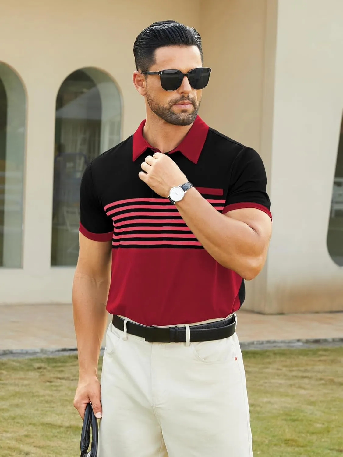 Hardaddy Men's Striped Polo Shirt Short Sleeve Casual Color Block Graphic Tee Collared Golf Shirts for Men