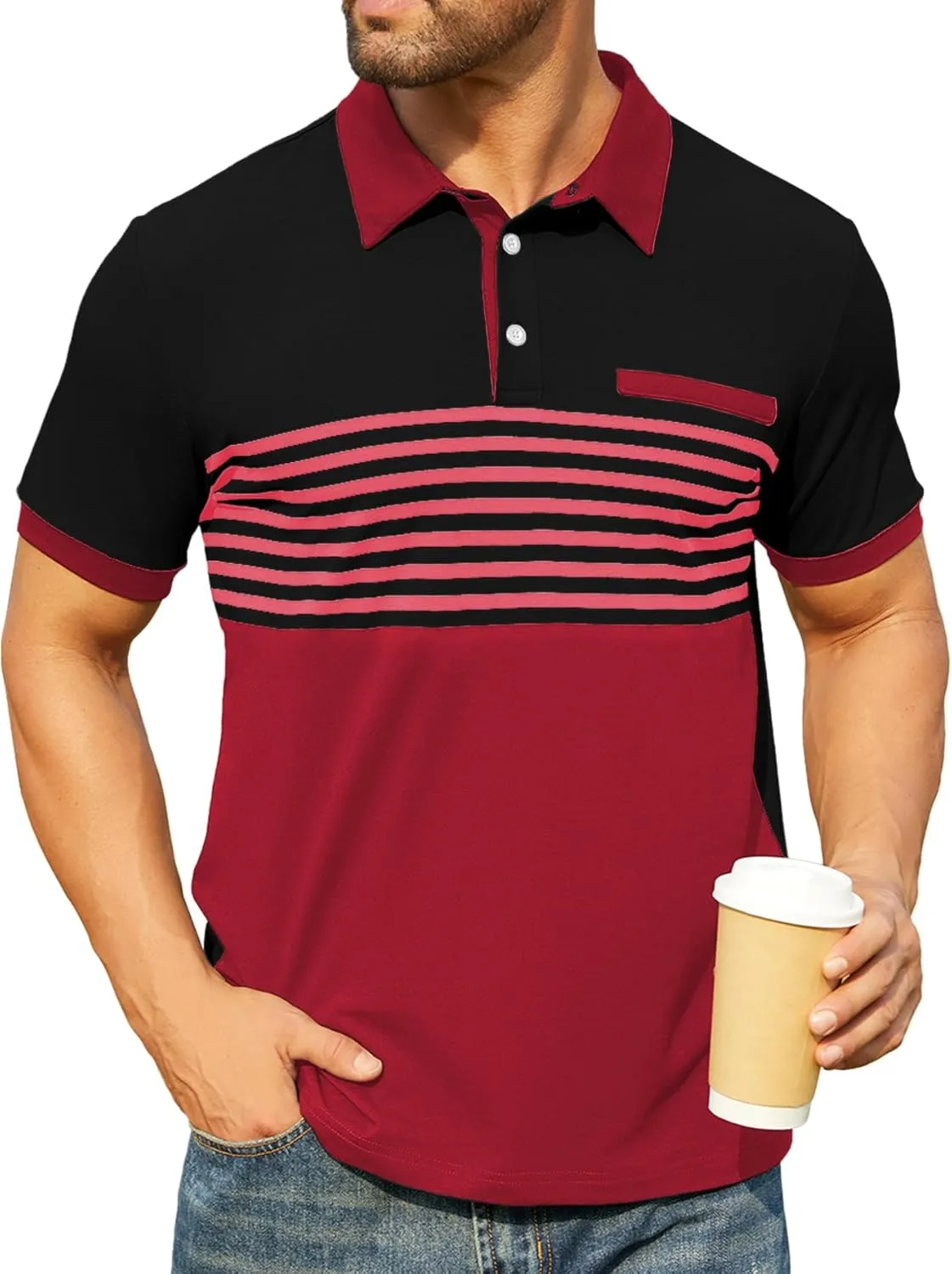 Hardaddy Men's Striped Polo Shirt Short Sleeve Casual Color Block Graphic Tee Collared Golf Shirts for Men