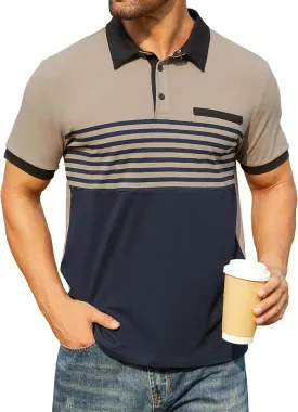 Hardaddy Men's Striped Polo Shirt Short Sleeve Casual Color Block Graphic Tee Collared Golf Shirts for Men