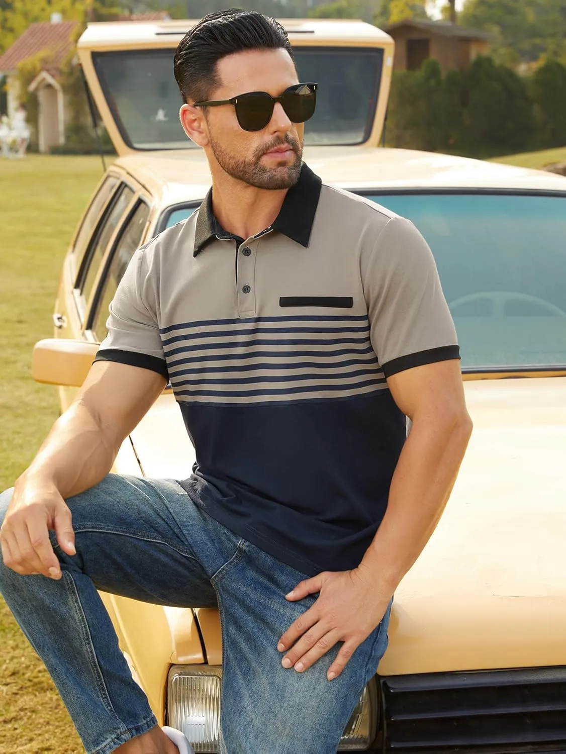 Hardaddy Men's Striped Polo Shirt Short Sleeve Casual Color Block Graphic Tee Collared Golf Shirts for Men