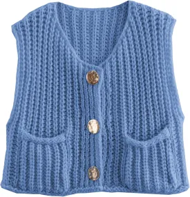 Hixiaohe Womens Crochet Chunky Knit Top Sleeveless Button Down Crop Tops Trendy Cardigan Sweater Vest for Women with Pockets