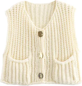 Hixiaohe Womens Crochet Chunky Knit Top Sleeveless Button Down Crop Tops Trendy Cardigan Sweater Vest for Women with Pockets