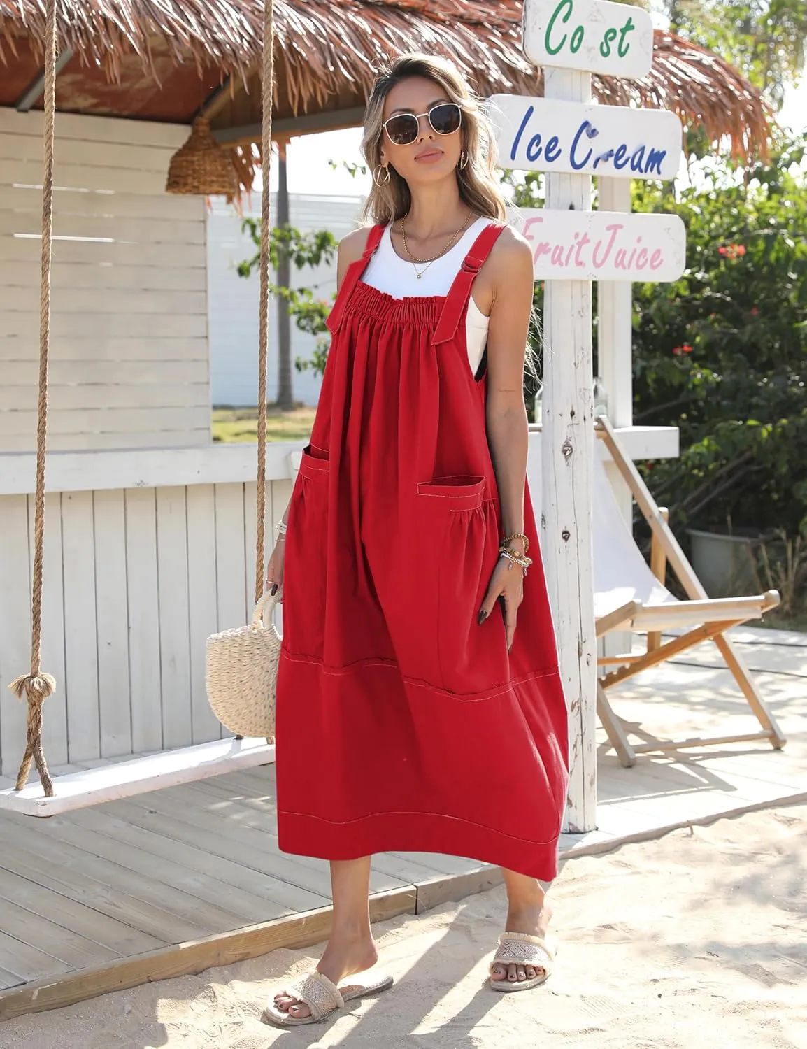 Hooever Barrel Overall Dress for Women Loose Adjutable Strap Big Pockets Jumper Dress Midi Bib Overall