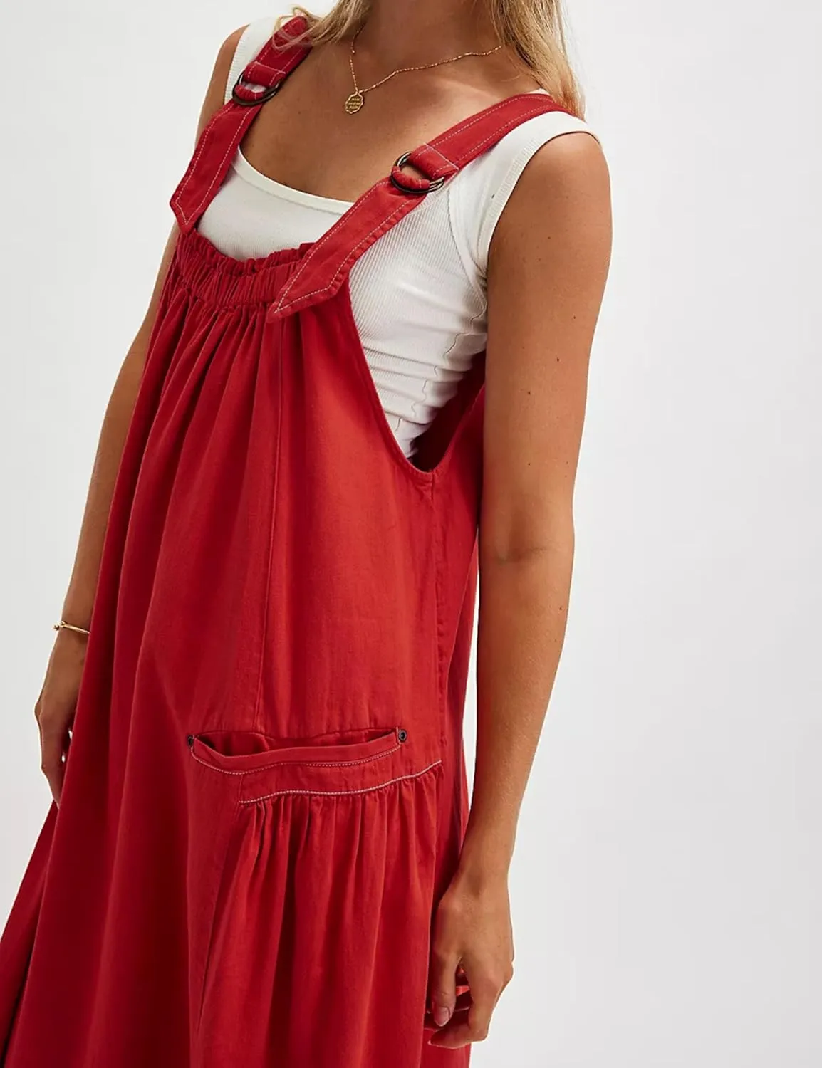 Hooever Barrel Overall Dress for Women Loose Adjutable Strap Big Pockets Jumper Dress Midi Bib Overall