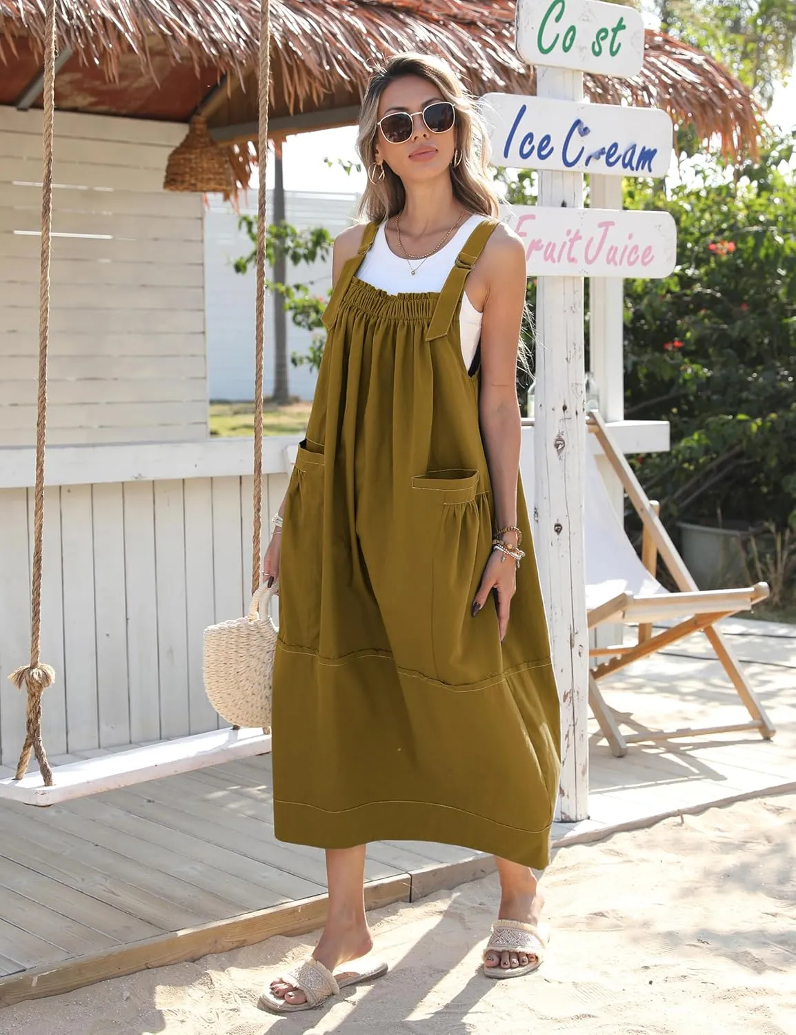 Hooever Barrel Overall Dress for Women Loose Adjutable Strap Big Pockets Jumper Dress Midi Bib Overall