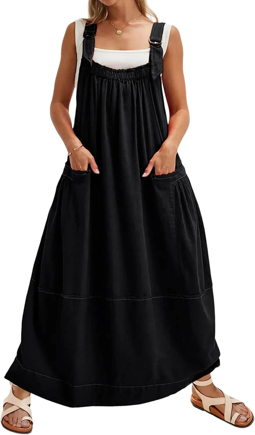Hooever Barrel Overall Dress for Women Loose Adjutable Strap Big Pockets Jumper Dress Midi Bib Overall