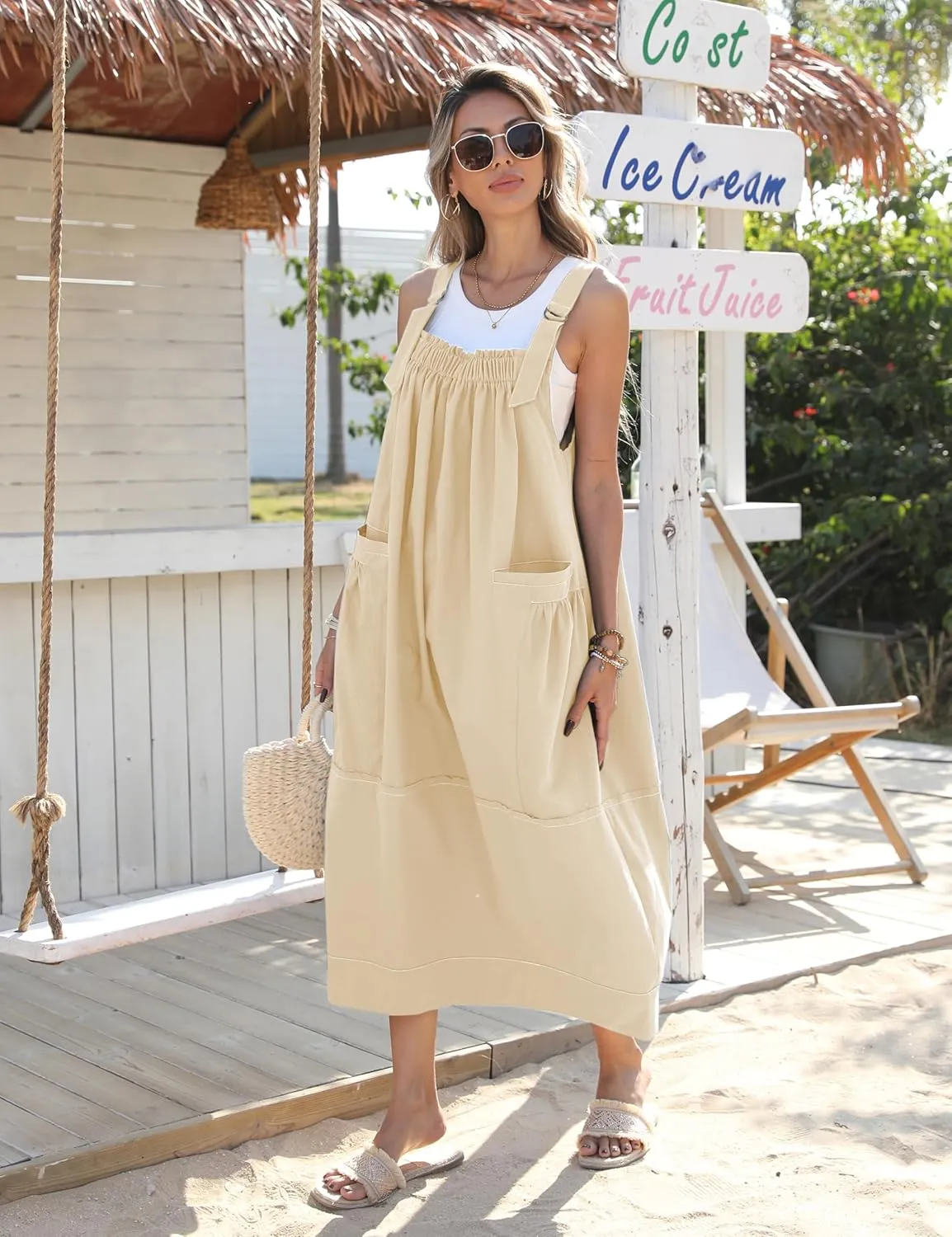 Hooever Barrel Overall Dress for Women Loose Adjutable Strap Big Pockets Jumper Dress Midi Bib Overall