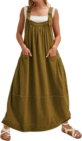 Hooever Barrel Overall Dress for Women Loose Adjutable Strap Big Pockets Jumper Dress Midi Bib Overall