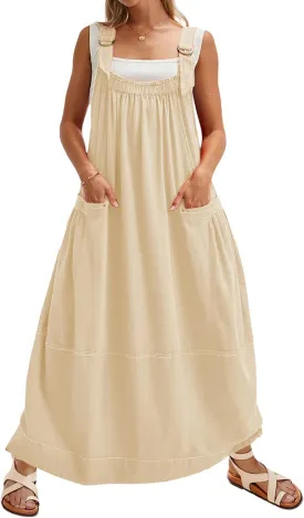 Hooever Barrel Overall Dress for Women Loose Adjutable Strap Big Pockets Jumper Dress Midi Bib Overall