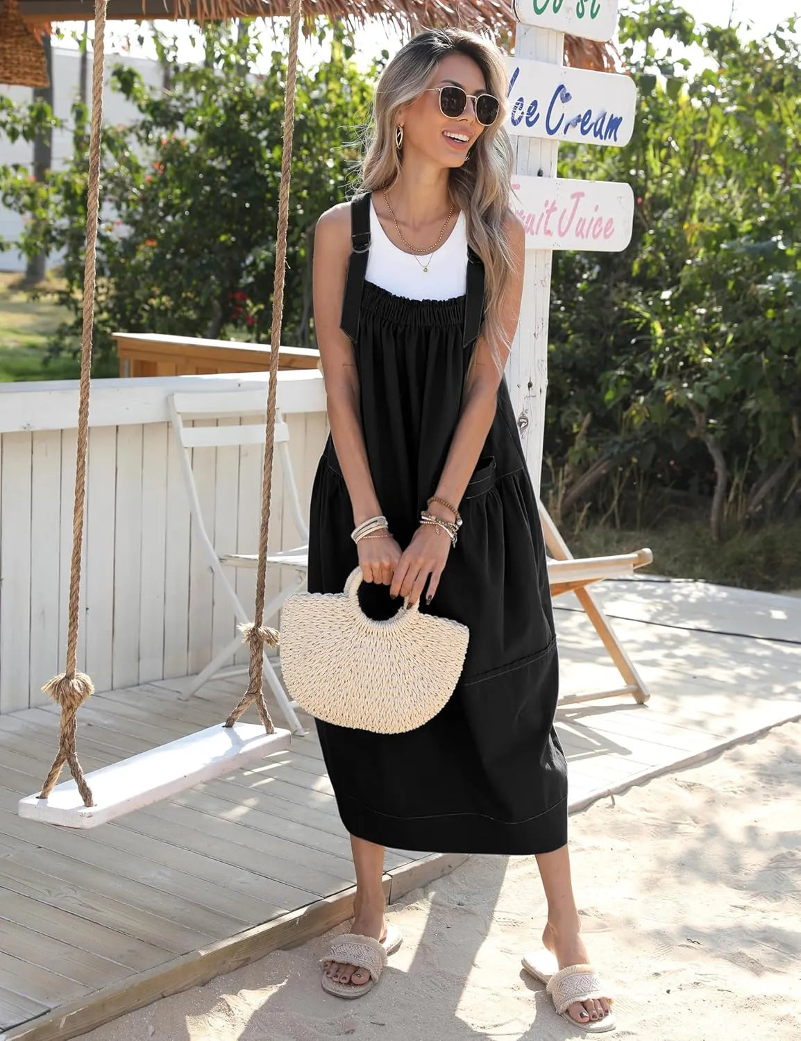 Hooever Barrel Overall Dress for Women Loose Adjutable Strap Big Pockets Jumper Dress Midi Bib Overall