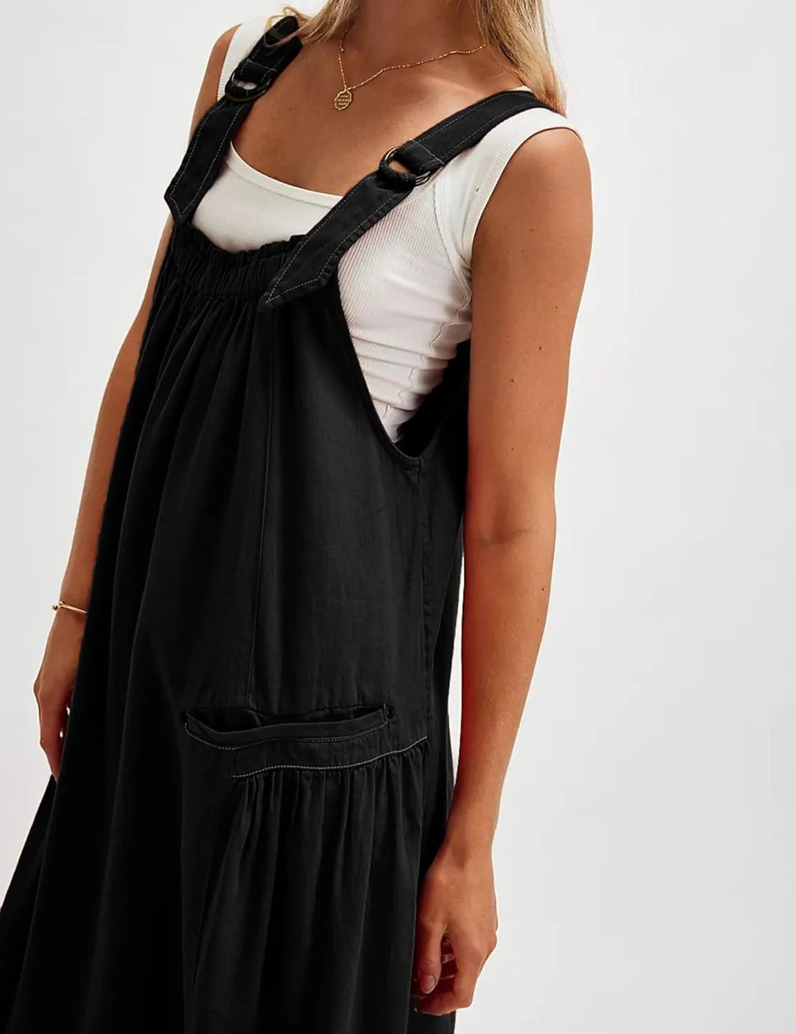 Hooever Barrel Overall Dress for Women Loose Adjutable Strap Big Pockets Jumper Dress Midi Bib Overall