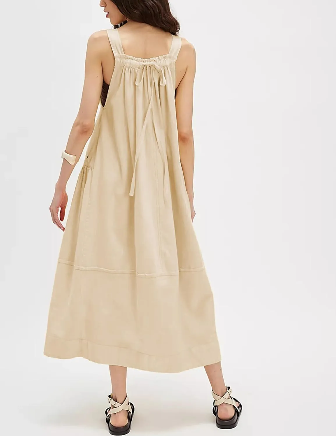 Hooever Barrel Overall Dress for Women Loose Adjutable Strap Big Pockets Jumper Dress Midi Bib Overall