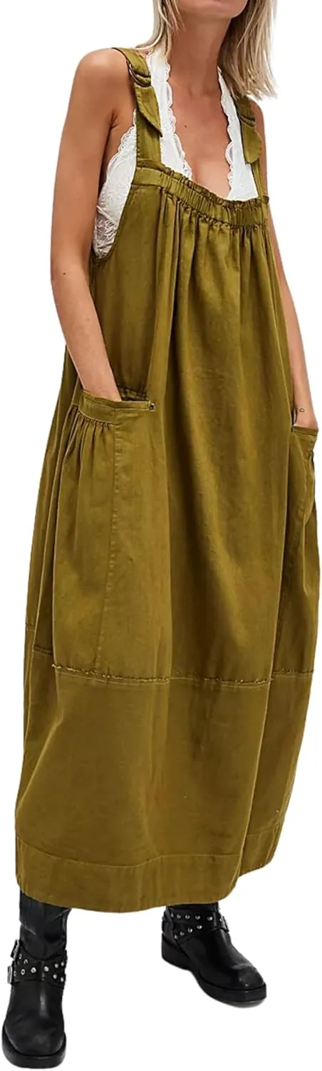 Hooever Barrel Overall Dress for Women Loose Adjutable Strap Big Pockets Jumper Dress Midi Bib Overall