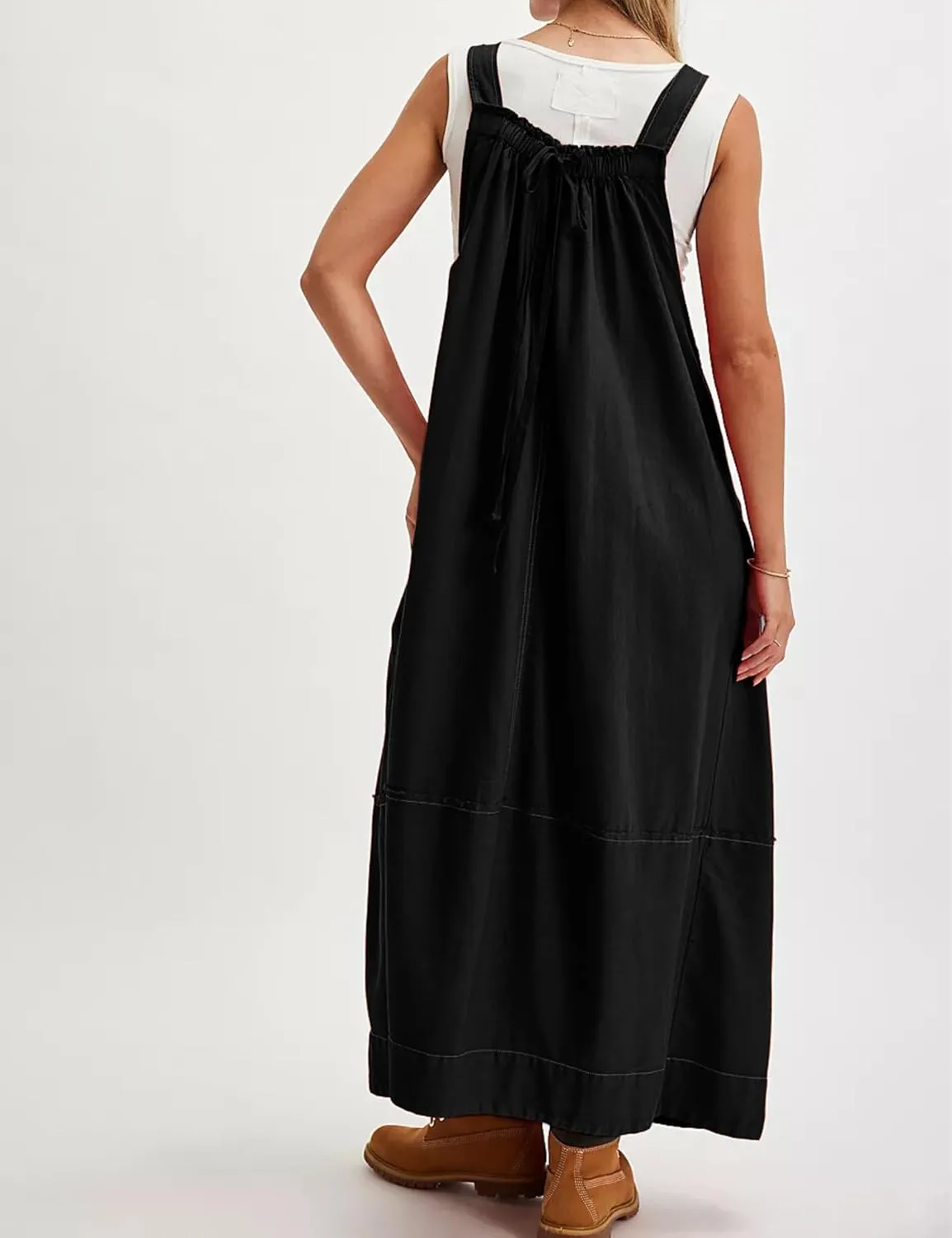 Hooever Barrel Overall Dress for Women Loose Adjutable Strap Big Pockets Jumper Dress Midi Bib Overall